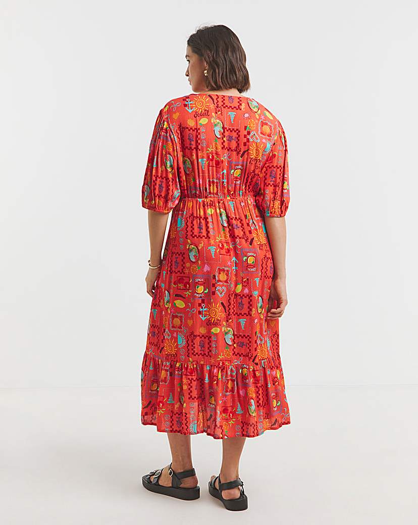 Orange Print Crinkle Wrap Dress