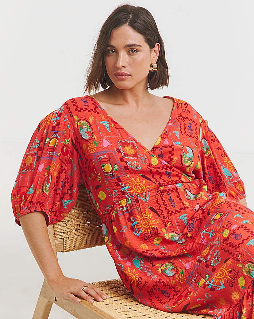 Orange Print Crinkle Wrap Dress