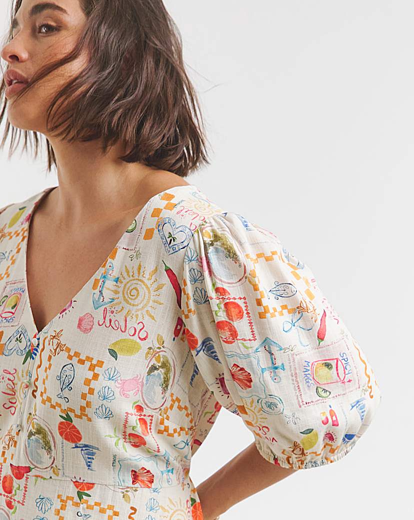 Print Linen Blend Midi Dress