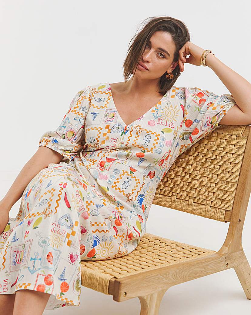 Print Linen Blend Midi Dress