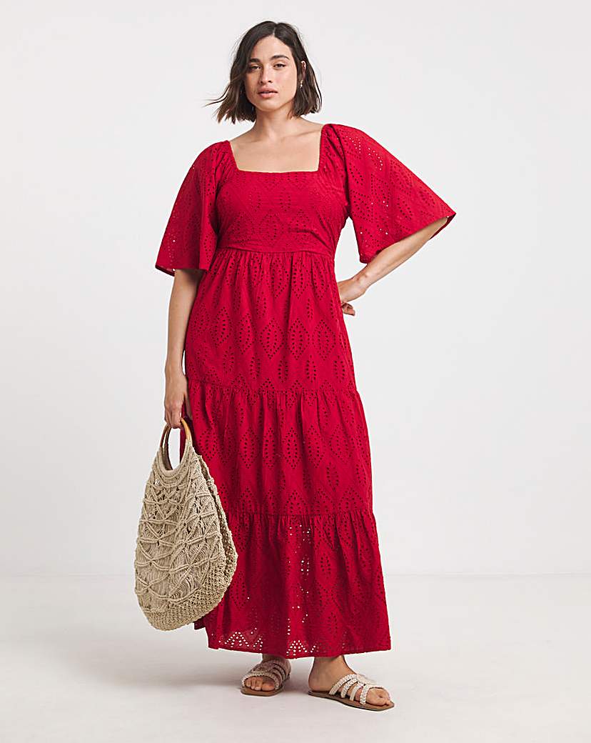 New In - Red Broderie Tiered Maxi Dress