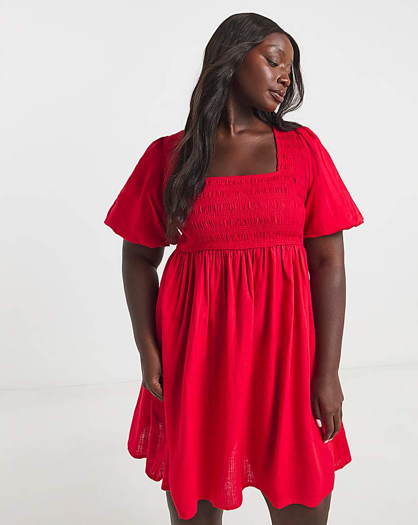 New In - Red Shirred Linen Blend Skater Dress
