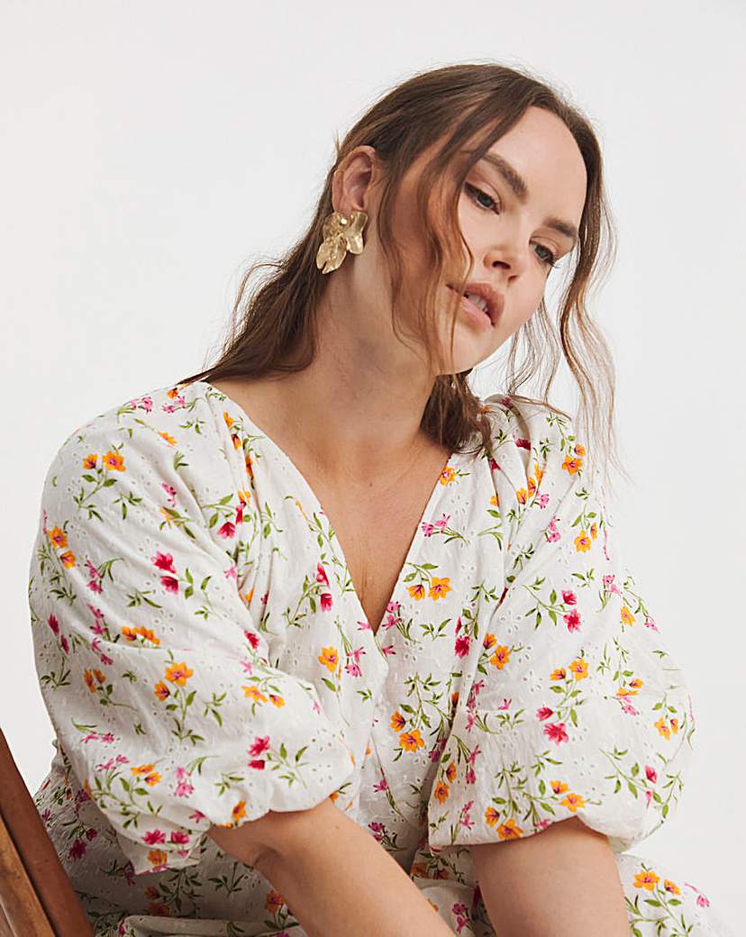 Floral Print Broderie Midi Dress
