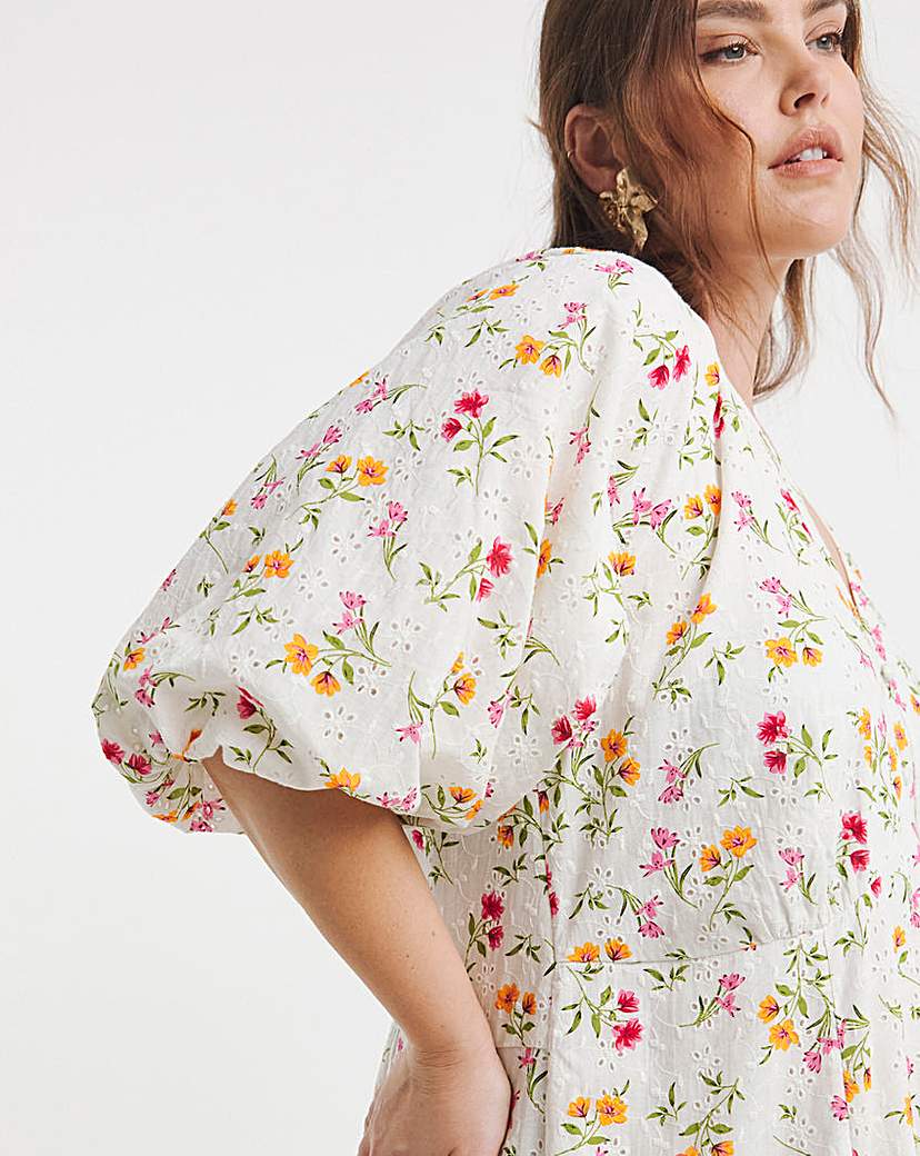 Floral Print Broderie Midi Dress