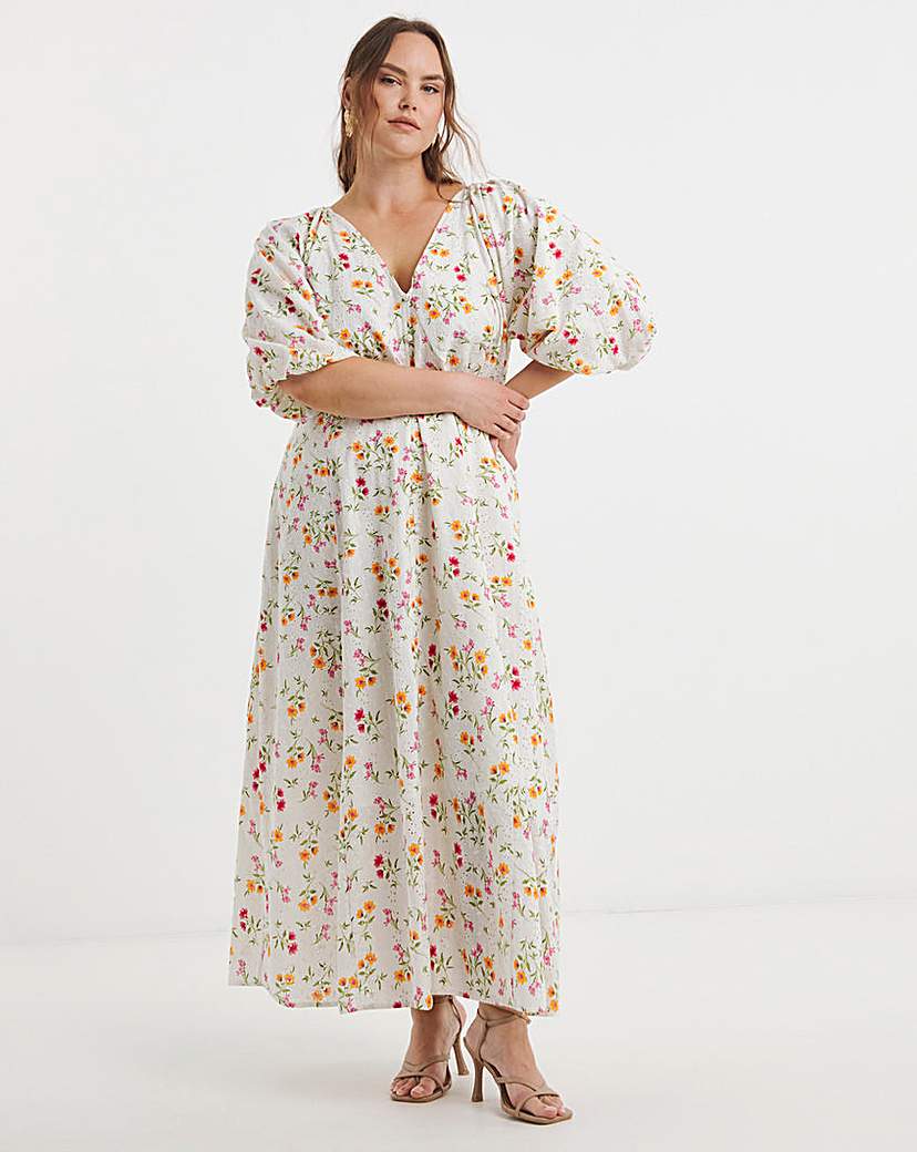 Floral Print Broderie Midi Dress