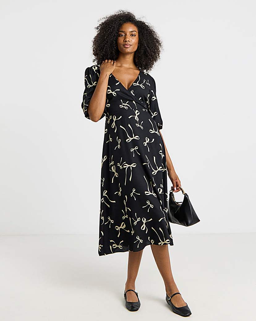 New In - Bow Print Viscose Wrap Midi Dress