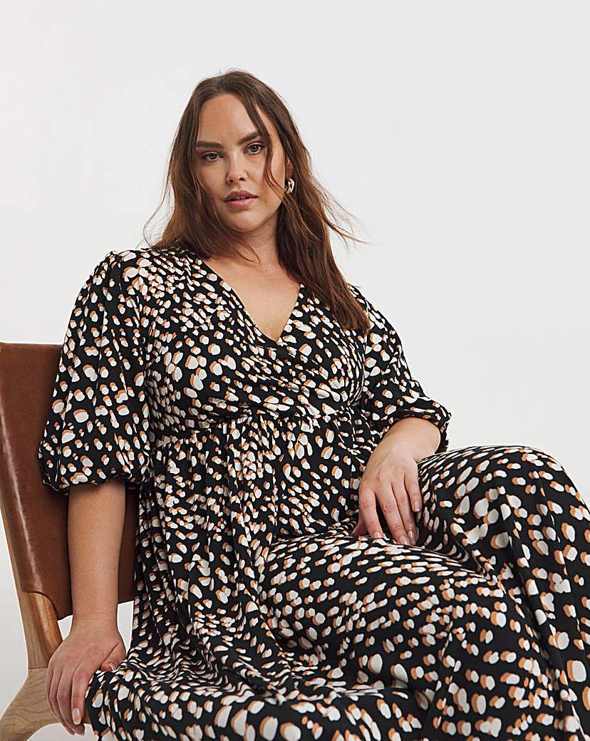 Black Print Supersoft Wrap Midi Dress