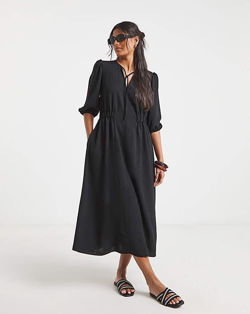 Cinched Waist Midi Dress With Pockets