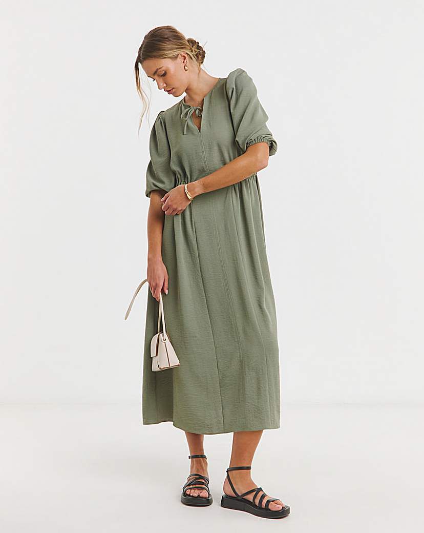 Cinched Waist Midi Dress With Pockets