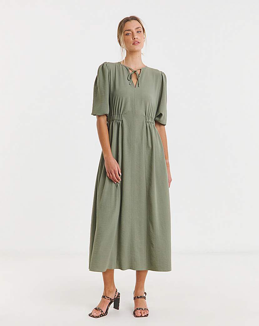 Cinched Waist Midi Dress With Pockets