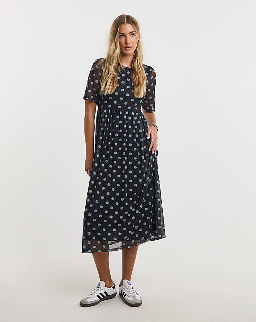 Printed Mesh Midi Dress