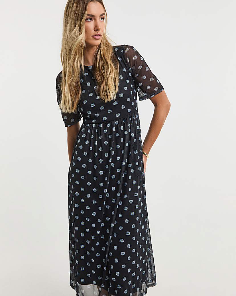 Printed Mesh Midi Dress