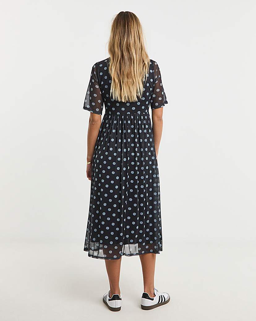 Printed Mesh Midi Dress