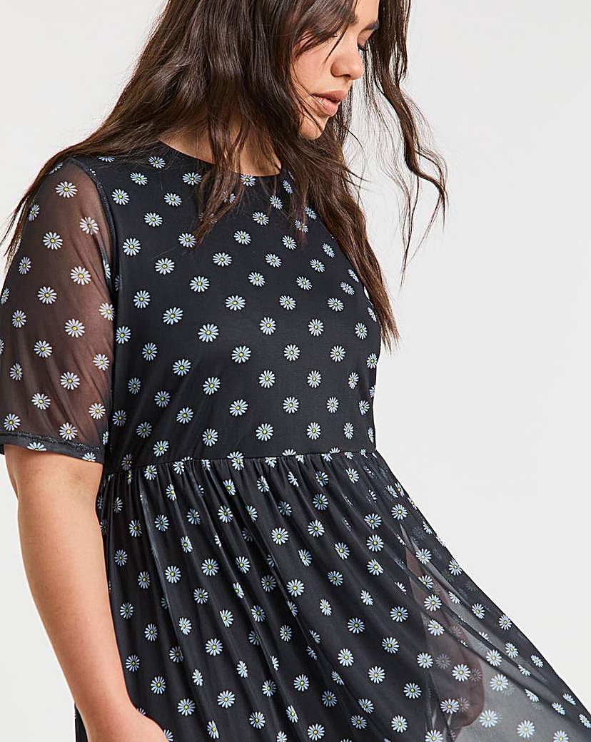 Printed Mesh Midi Dress