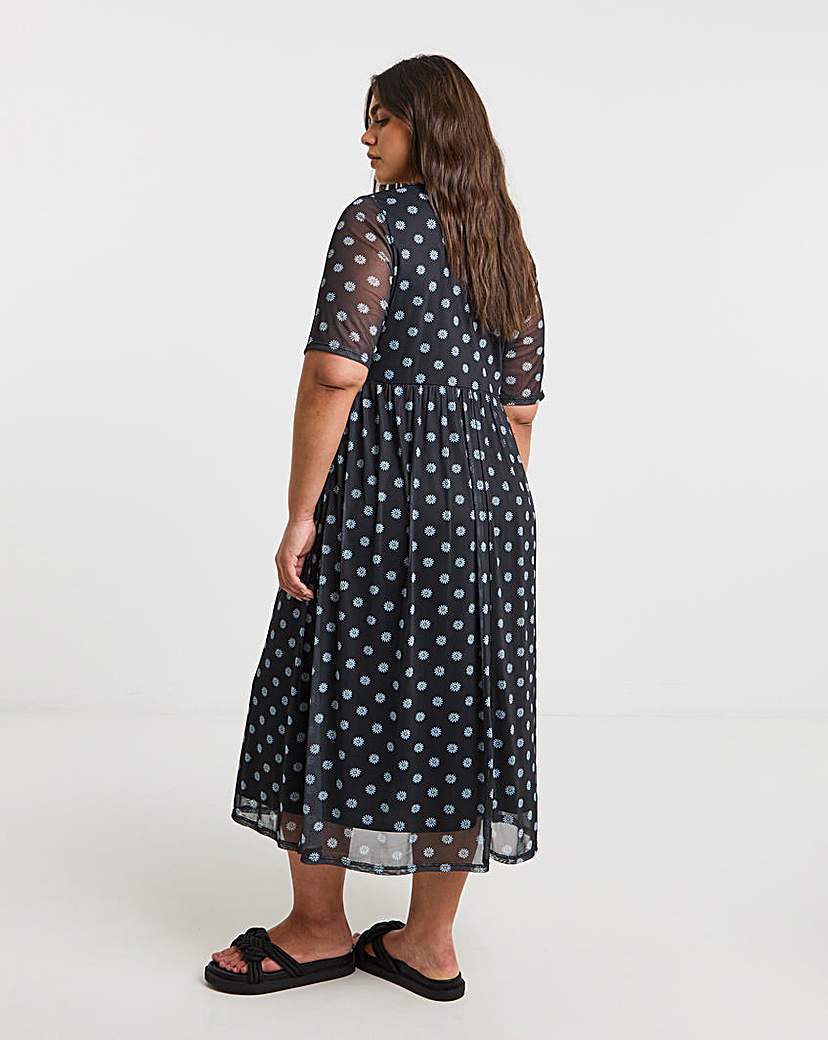Printed Mesh Midi Dress