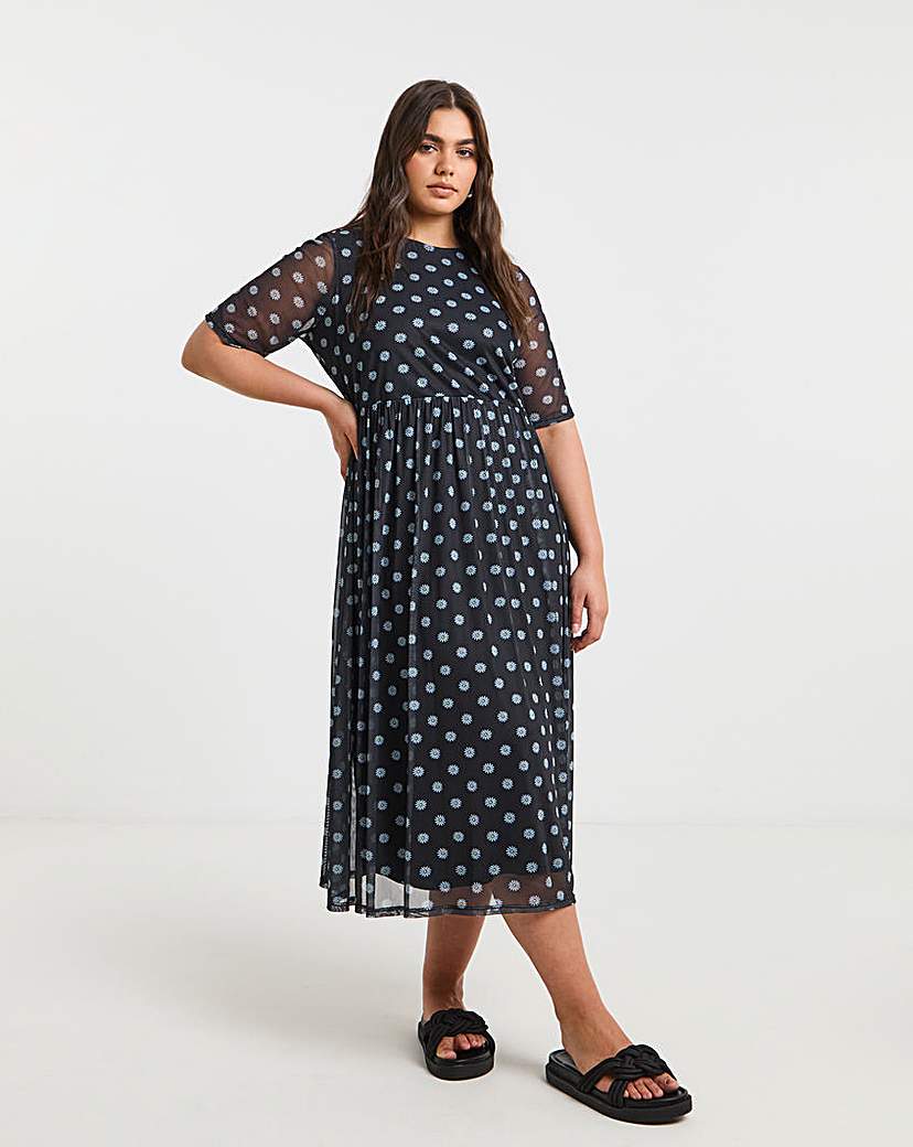 Printed Mesh Midi Dress