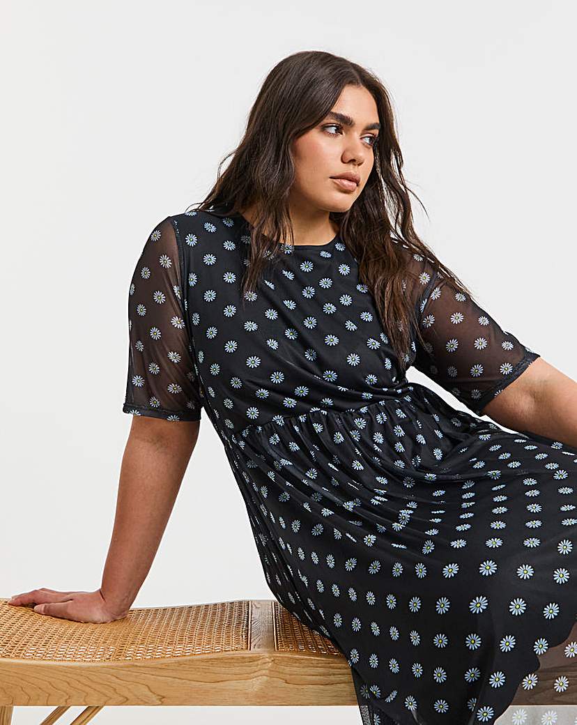 Printed Mesh Midi Dress