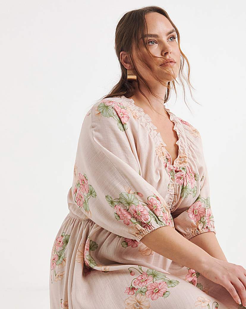 Printed Linen Blend Midi Dress
