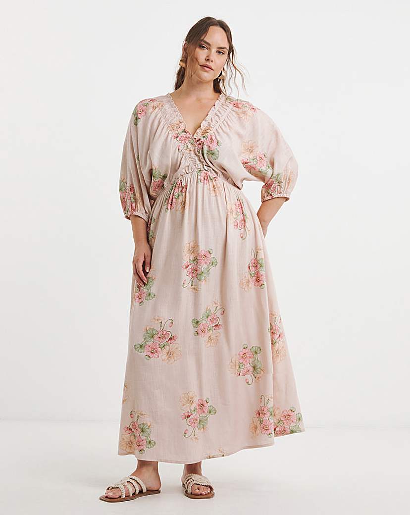 New In - Printed Linen Blend Midi Dress