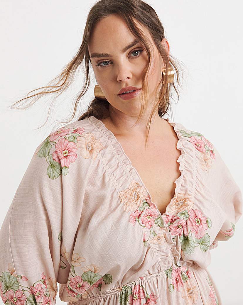 Printed Linen Blend Midi Dress