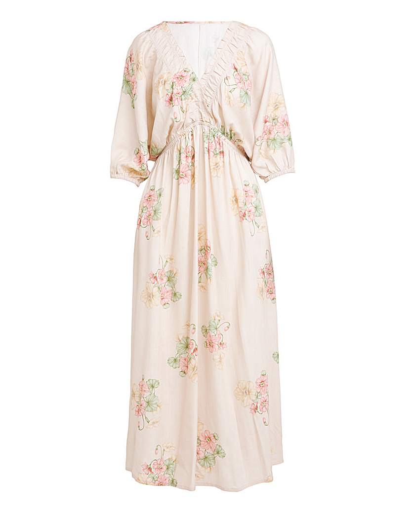 Printed Linen Blend Midi Dress
