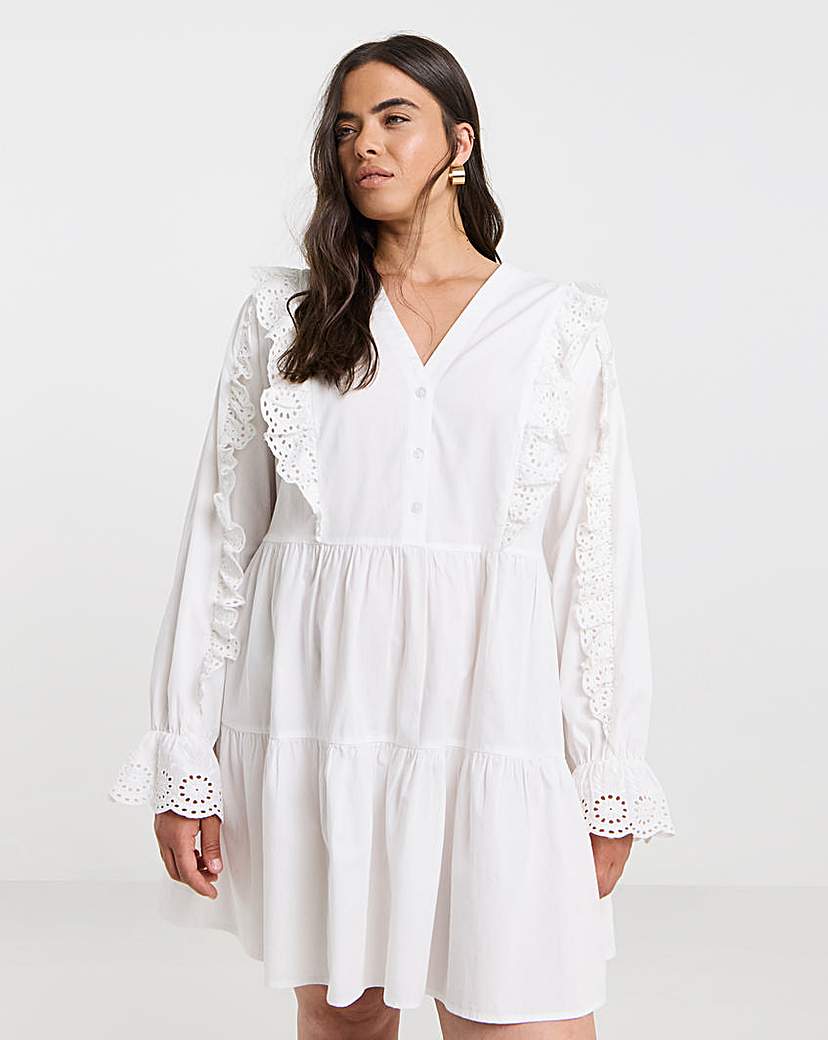 New In - White Cotton Broderie Shirt Dress