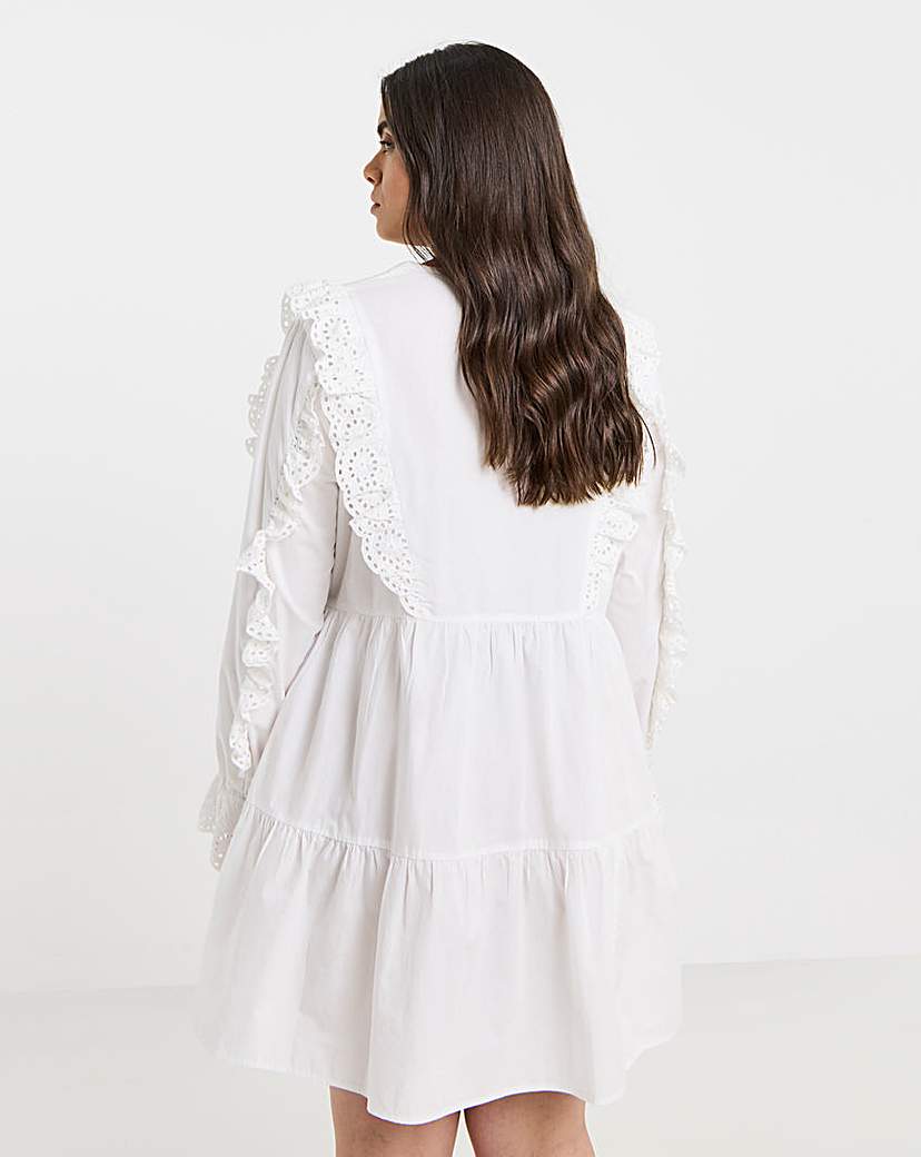 White Cotton Broderie Shirt Dress