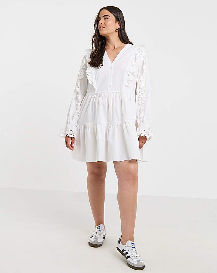 White Cotton Broderie Shirt Dress