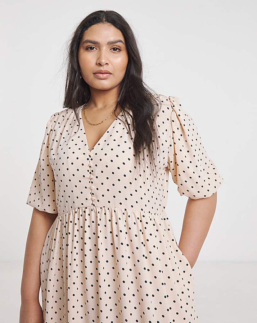 Spot Print Button Through Midi Dress