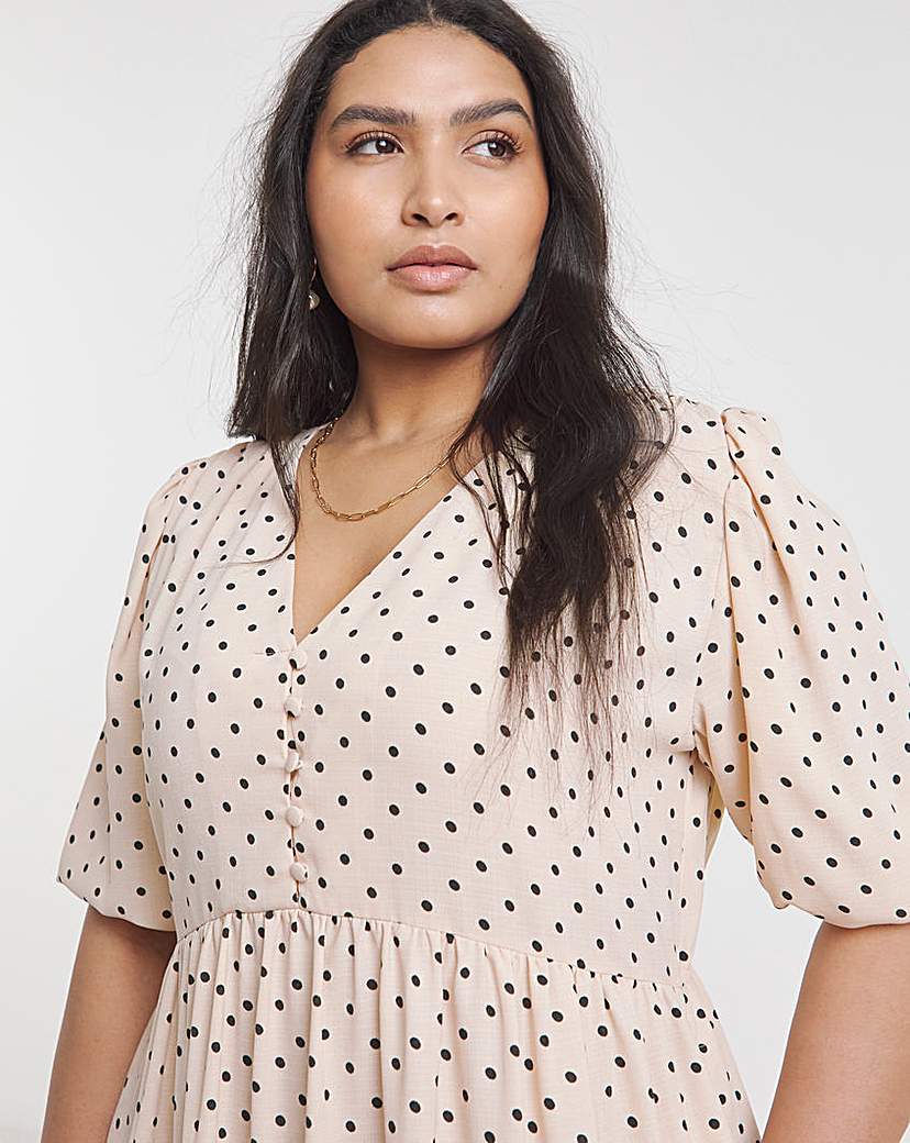 Spot Print Button Through Midi Dress
