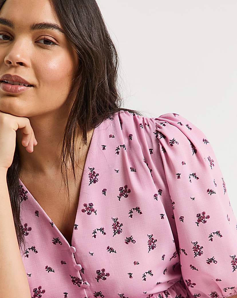 Pink Print Button Through Midi Dress