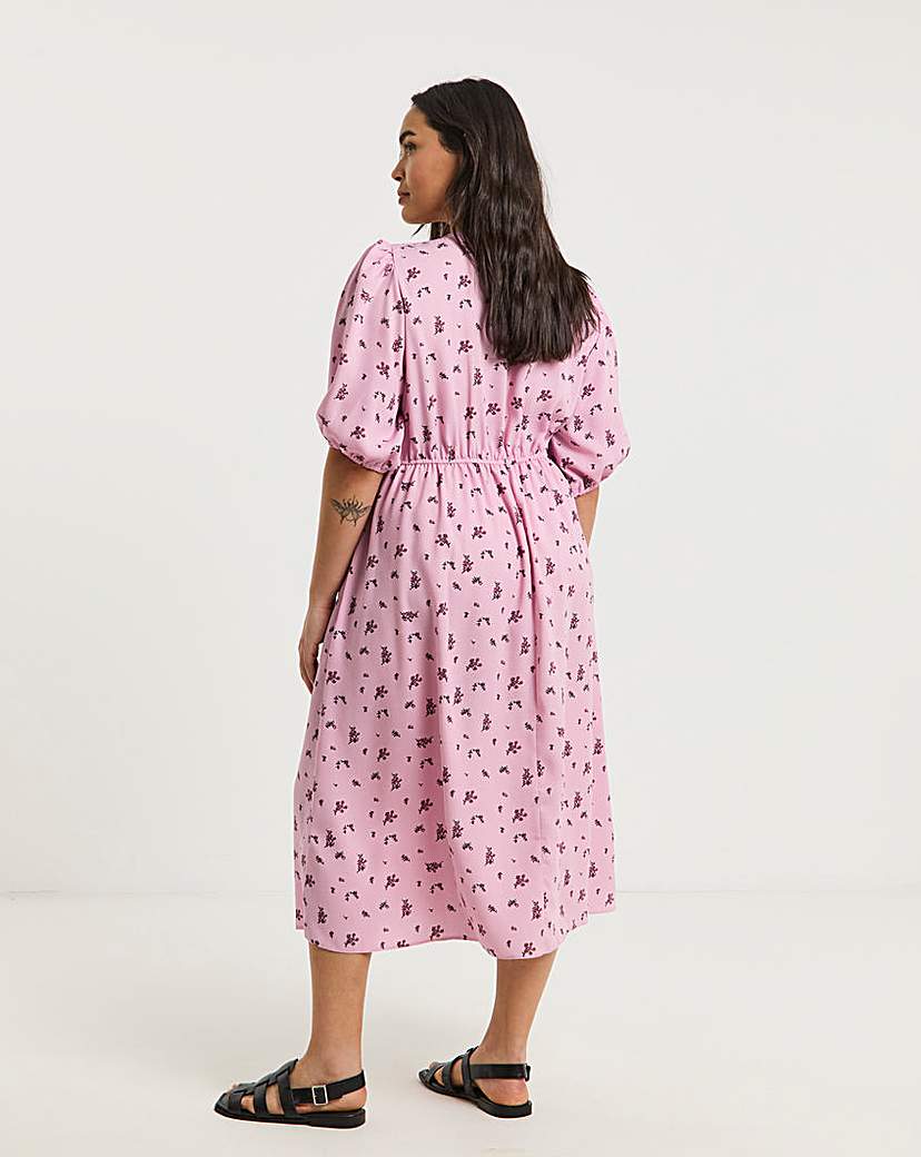 Pink Print Button Through Midi Dress