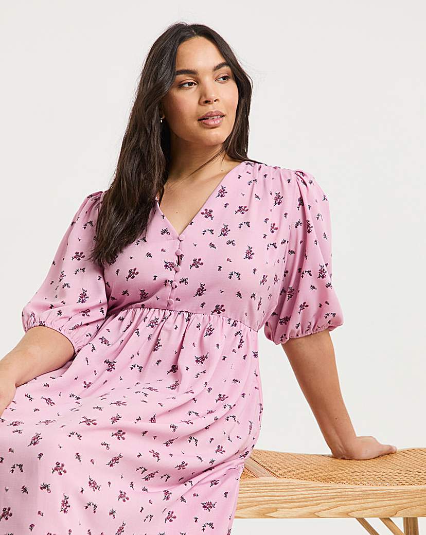 Pink Print Button Through Midi Dress