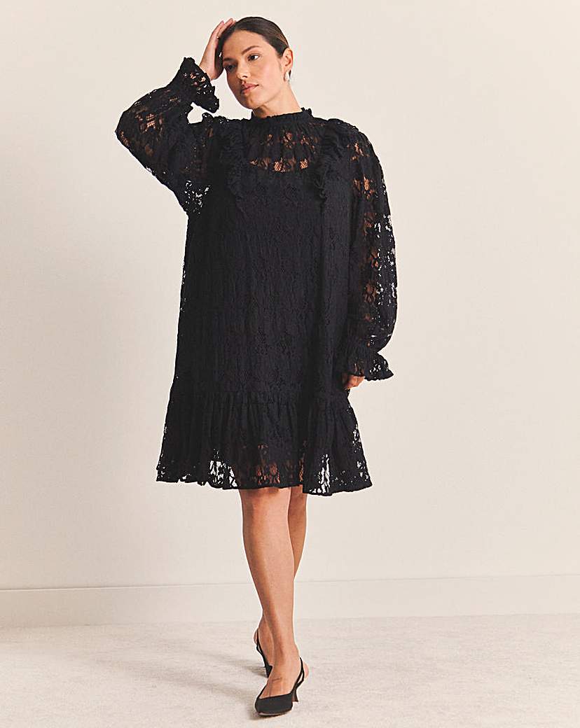 New In - Black Lace Ruffle Mini Dress