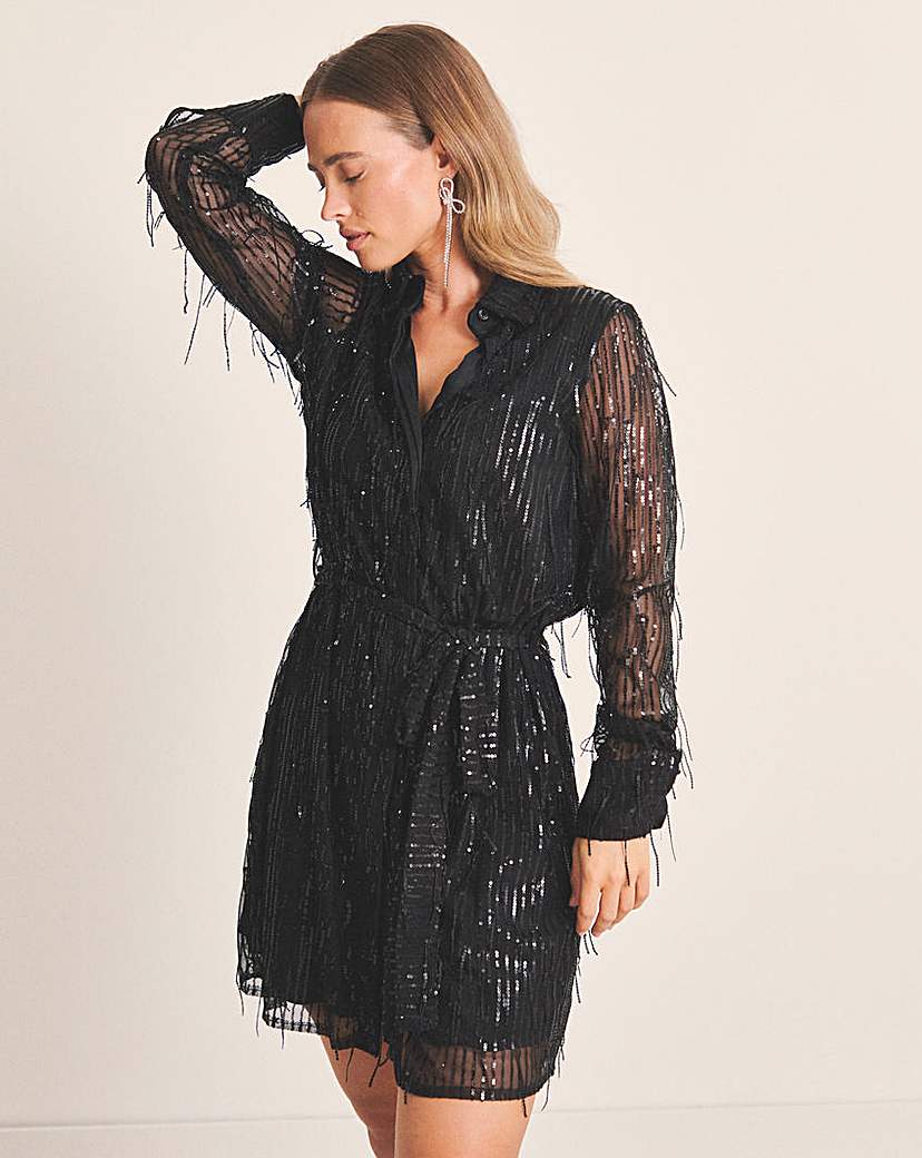 New In - Silver Fringed Sequin Shirt Dress