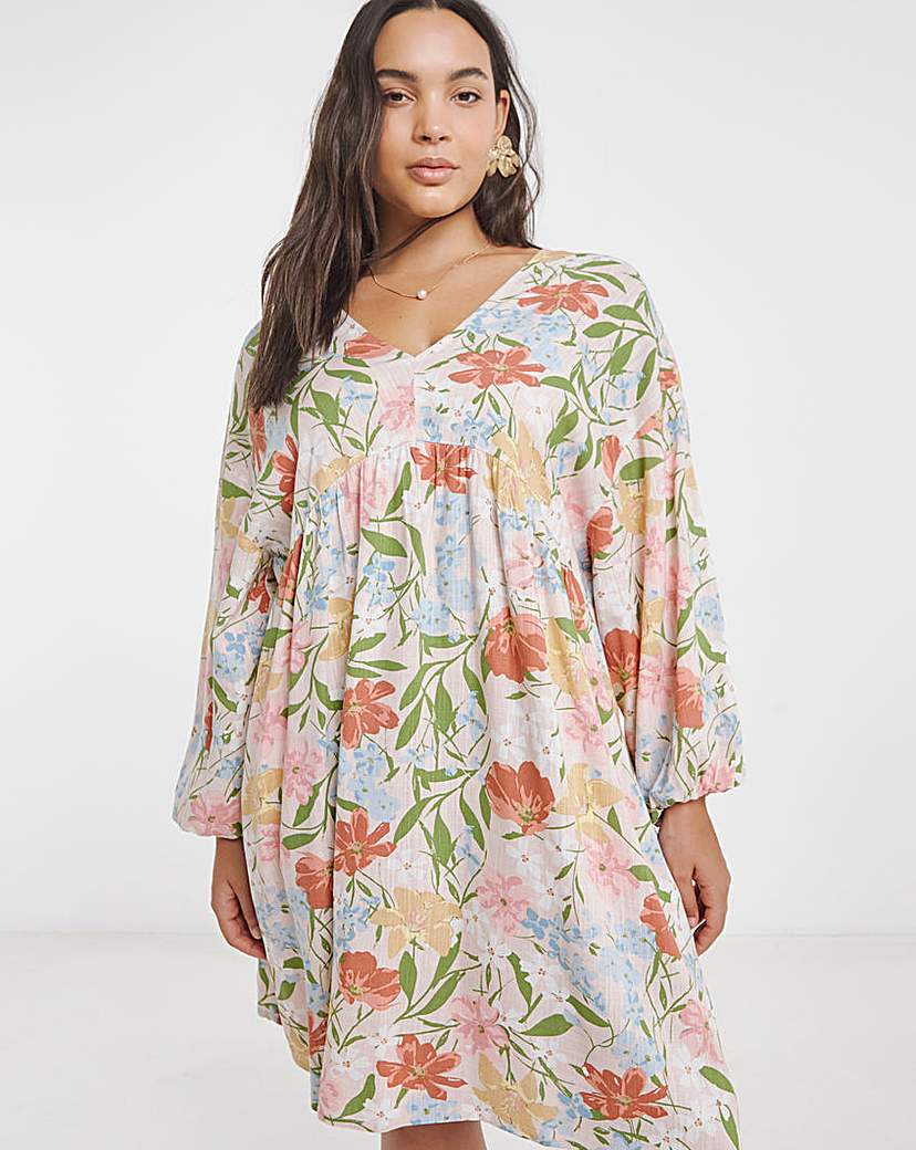New In - Printed Linen Blend Smock Dress