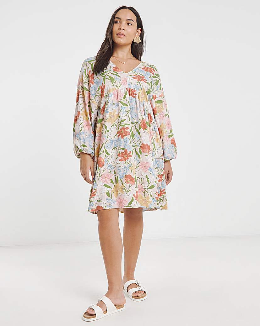 New In - Printed Linen Blend Smock Dress