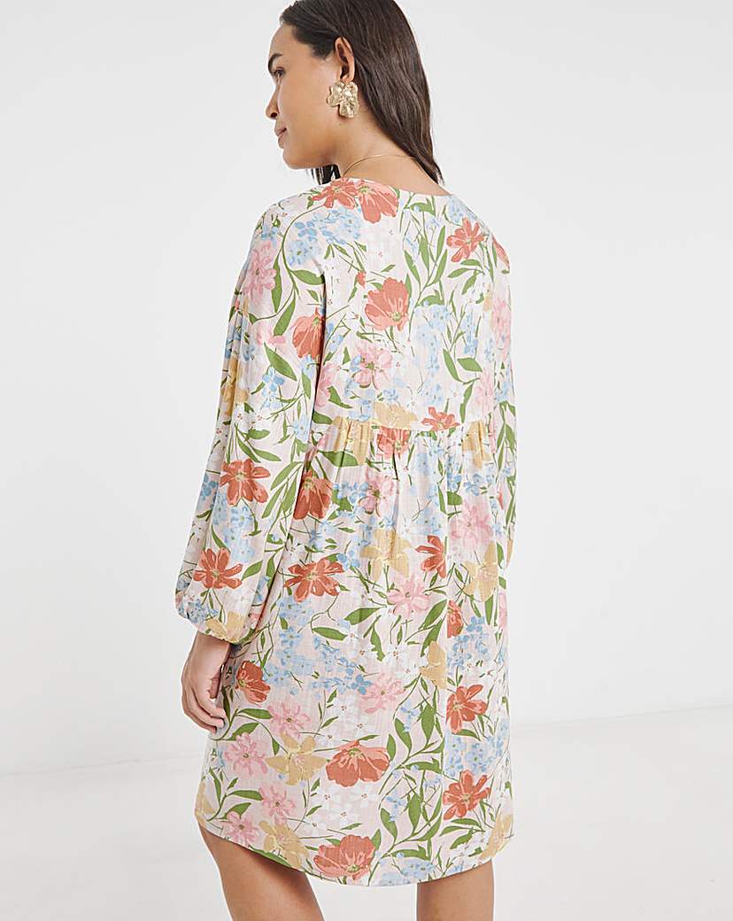 Printed Linen Blend Smock Dress