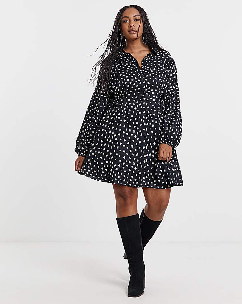 New In - Black Print Shirt Dress With Cinch Waist
