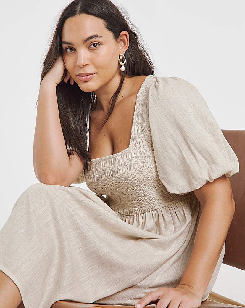 New In - Natural Shirred Linen Blend Skater Dress