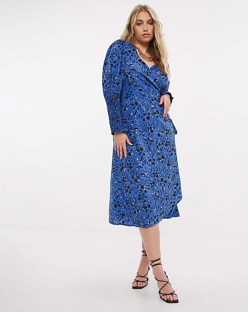 Cobalt Wrap Midi Dress with Shirred Cuff