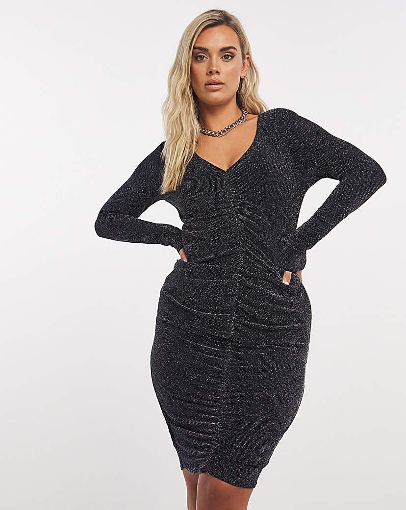 Glitter Knit V Neck Ruched Bodycon Dress