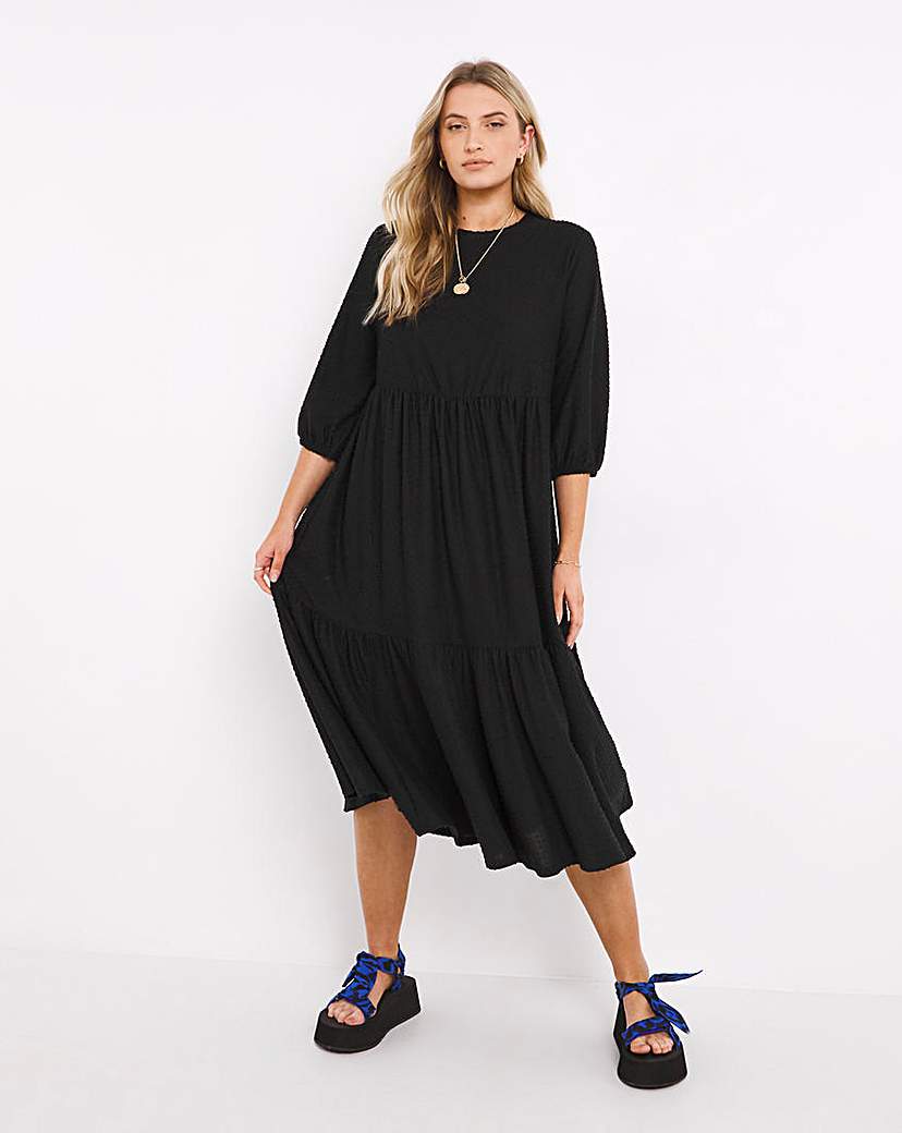 Black Jersey Dobby Tiered Midi Dress