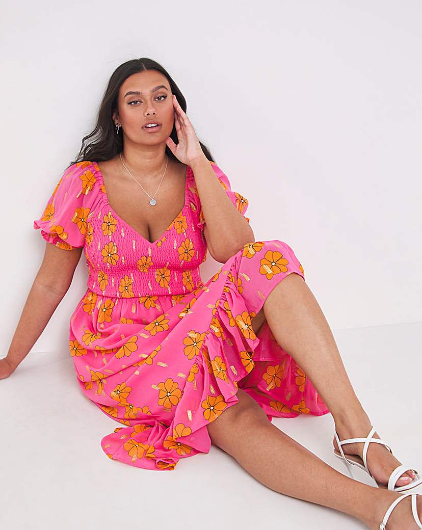 Pink Floral Foil Print Shirred Midi Dres
