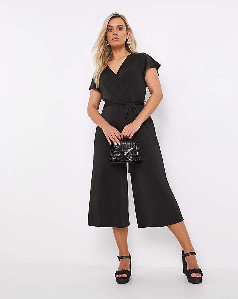Black Slinky Wide Leg Belted Jumpsuit - Black