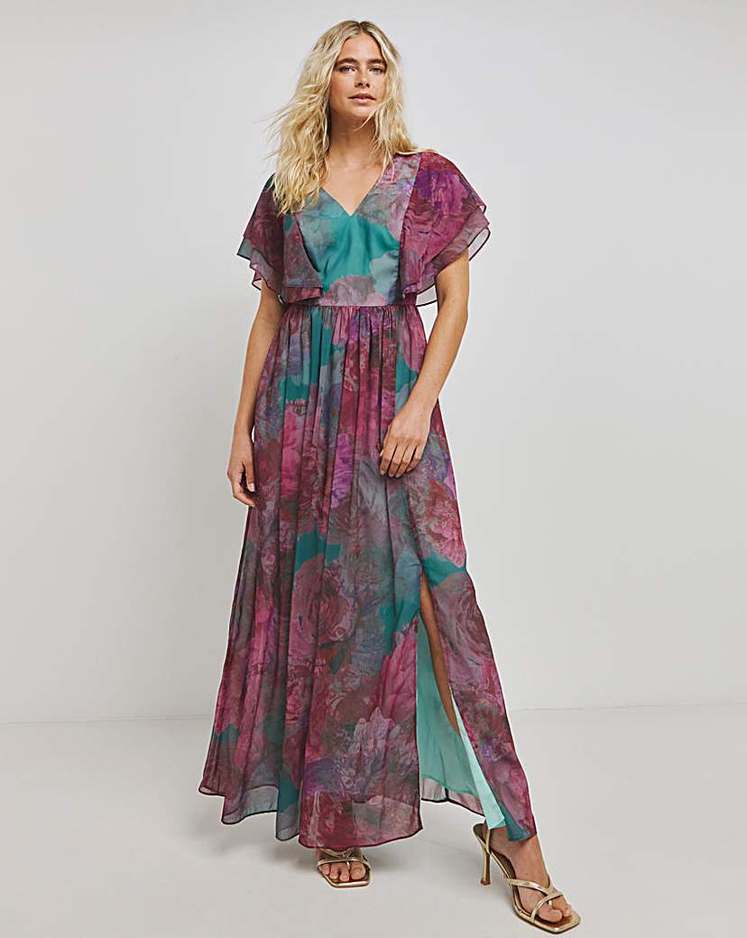 Chi Flutter Sleeve Floral Maxi Dress