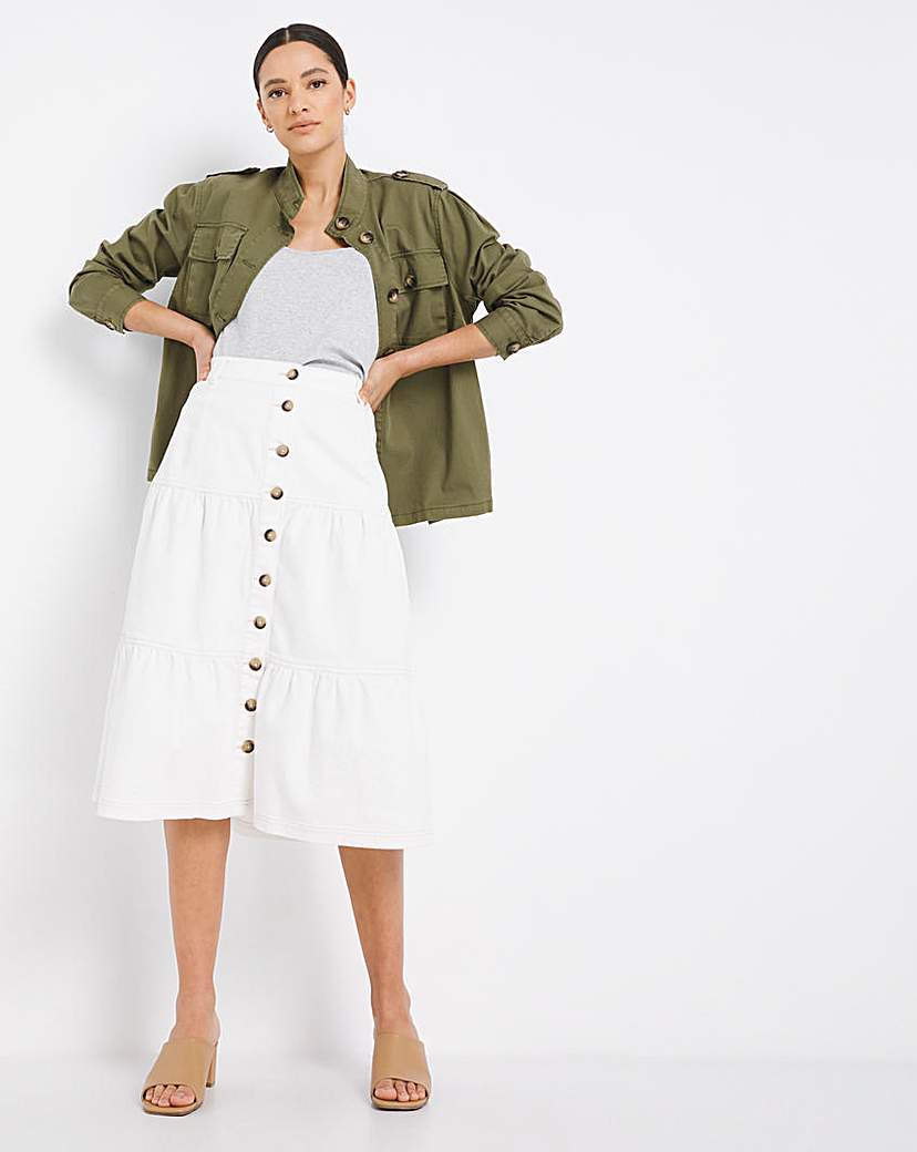 Button Front Tiered Denim Midi Skirt