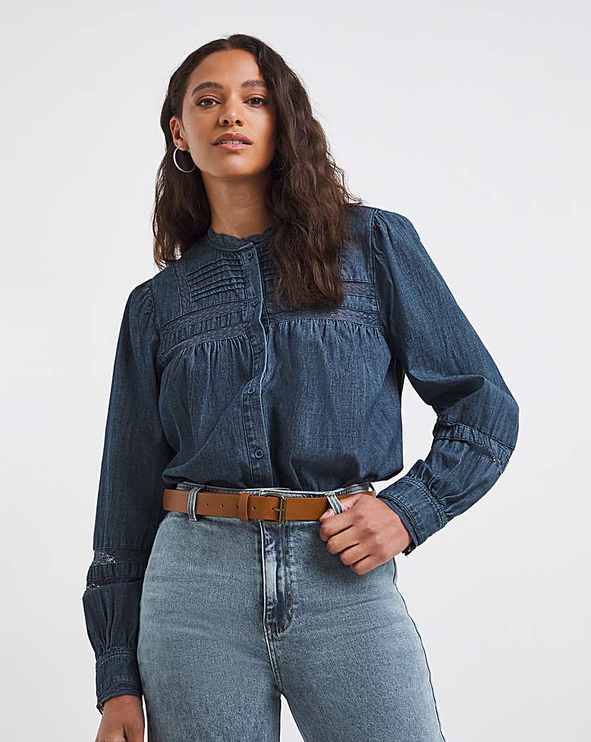 Mid Blue Lace Insert Denim Blouse