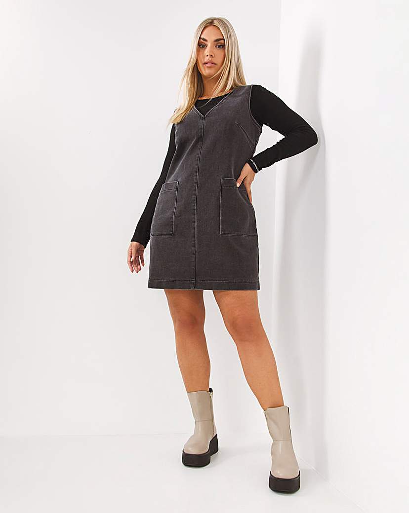 Washed Black Denim Pinafore Dress