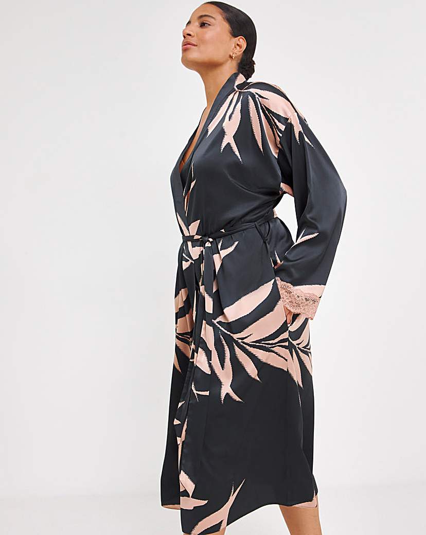 Figleaves Stretch Satin Kimono Gown - Leaf Print